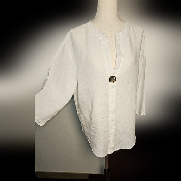 Vintage Made in Italy 100% Linen Y & H Moda, White Tunic with Bronze Button L - Picture 1 of 9
